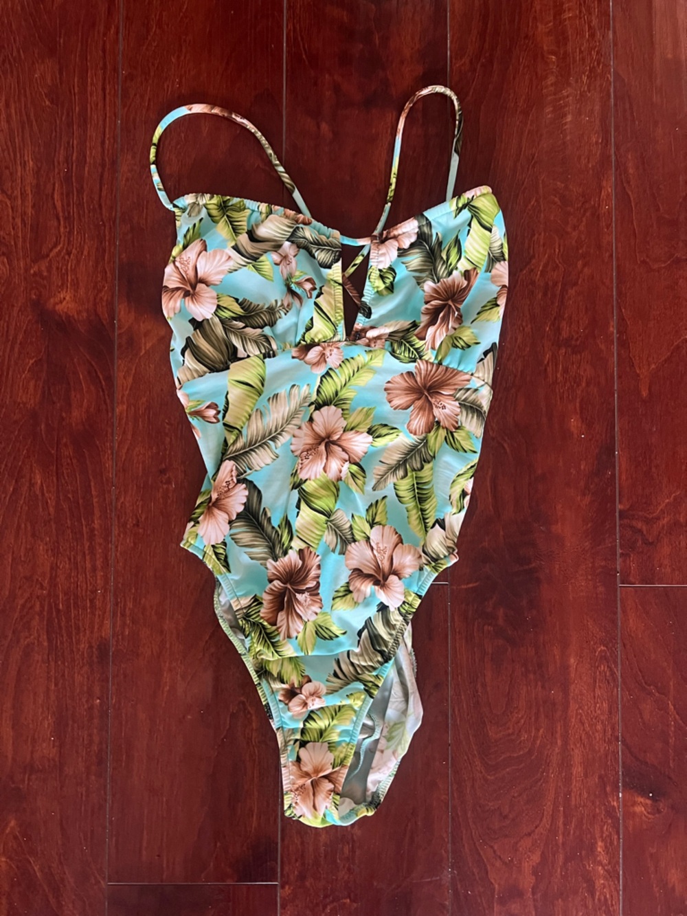 EUC VENUS 90s Light Blue Tropical Floral One-Piece Swimsuit Size Small
